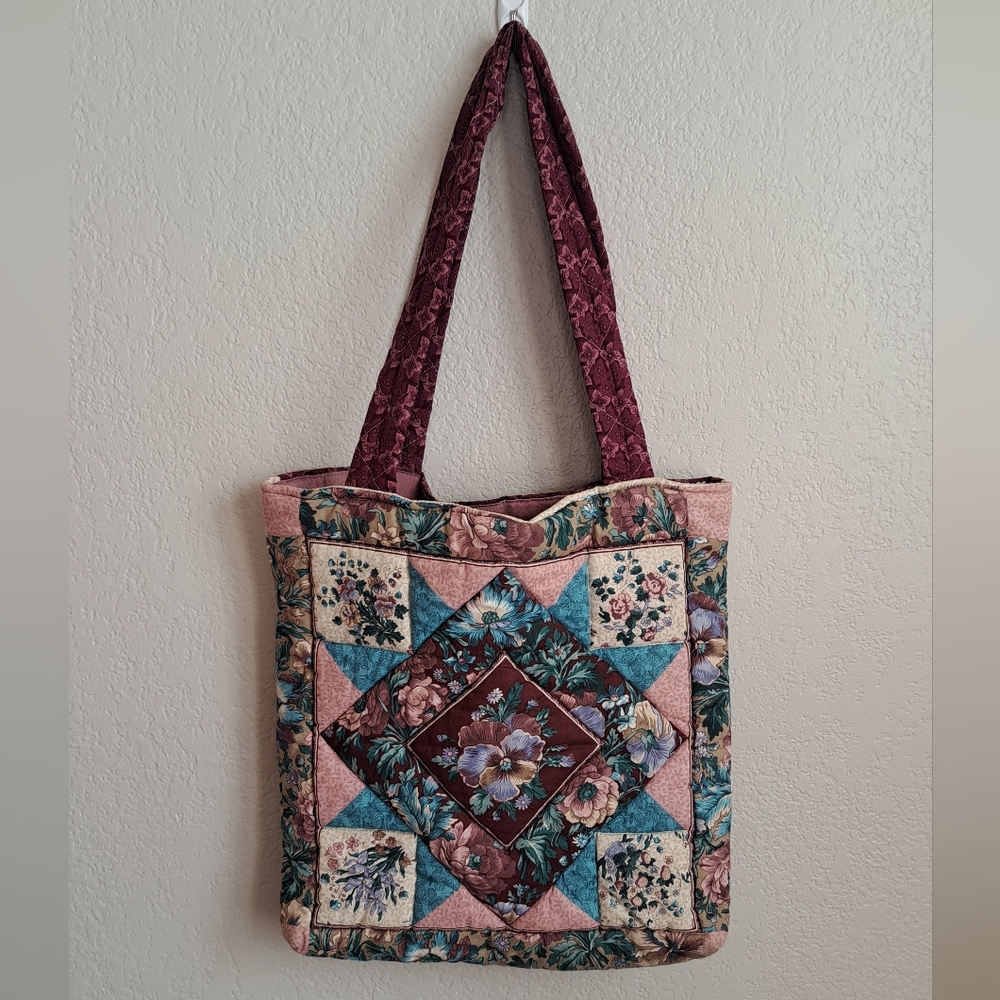 Floral Mixed Media Patchwork Quilted Shoulder Tote Bag Cottage Grandma Prairie